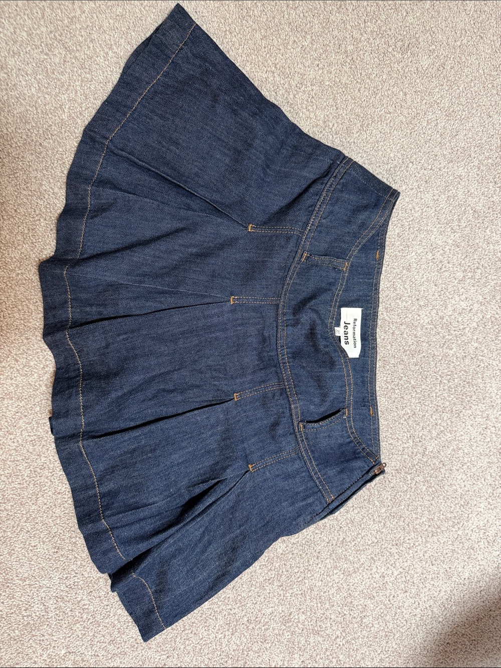 Reformation Dark Indigo Jean Skort with Contrast Stitching